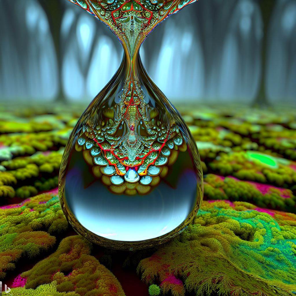 2 -a 3d hyper-real raindrop falling toward a moss lichen rainforest floor contains a mysterious -radiant jubilant recursion fractal mirror-.jpg
